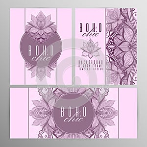 Vector vintage mandala lotus card set pink color. Oriental design Layout. Islam, Arabic, Indian, ottoman motifs. Front page and