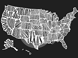 Vector vintage map of the United States of America. Illustration with USA state names on the white background. Poster for wall