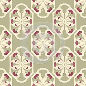 Vector Vintage Meadow Florals Symmetrical Design on Green seamless pattern background.