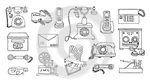 Vector vintage means of communication line drawing set. Retro black and white collection of wired rotary dial telephone, radio