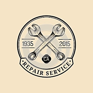 Vector vintage motorcycle repair logo. Retro garage label with hand sketched wrenches. Custom chopper store emblem.