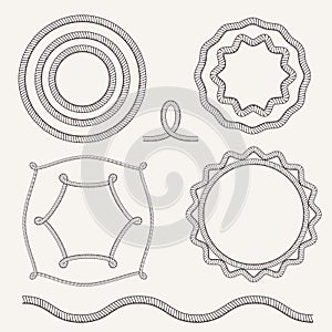 Vector vintage old marine rope frame set. Sea or ocean borders with rope brush. Circle, square, hexagon, wavy line