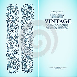 Vector vintage ornamental template with pattern and decorative frame. Flowers, twigs buds and leaves in retro style. Ink and pen.