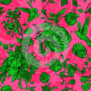 Vector vintage pattern with roses and peonies. Retro floral wallpaper, colorful backdrop