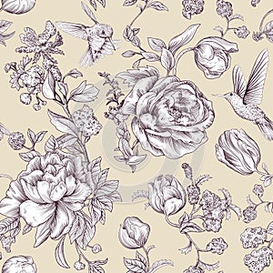 Vector vintage pattern with roses and peonies. Retro floral wallpaper, monochrome backdrop