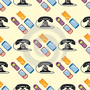 Vector vintage phones retro lod telephone seamless pattern background connection device technology telephonic