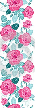 Vector vintage pink roses and blue leaves on white background vertical seamless repeat pattern border. Great for retro