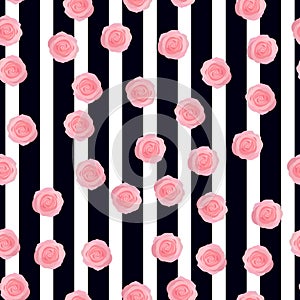 Vector vintage pink roses and leaves on black striped background seamless repeat pattern. Great for retro fabric, wallpaper,