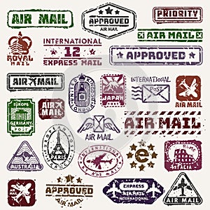 Vector vintage postage mail stamps retro delivery badge plane, train transport stickers collection grunge stamps print