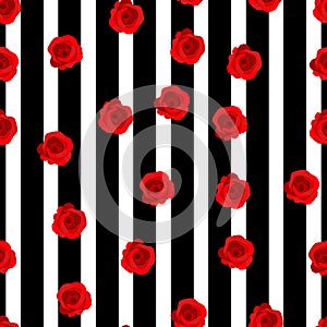 Vector vintage red roses and leaves on black striped background seamless repeat pattern. Great for retro fabric, wallpaper,