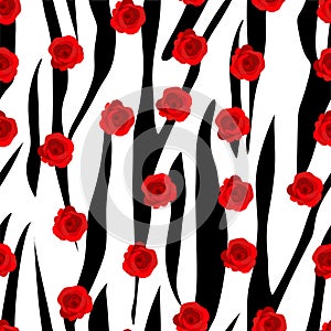 Vector vintage red roses and leaves on black striped background seamless repeat pattern. Great for retro fabric, wallpaper,