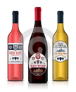 Vector vintage red, white and rose wine labels and wine bottle mockups