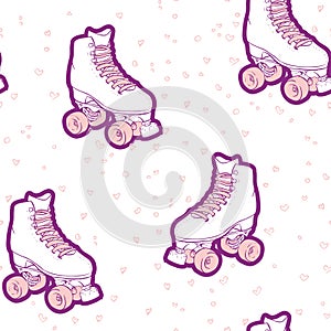 Vector Vintage Roller Skates with Doodled Hearts seamless pattern background.