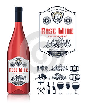 Vector vintage rose wine label and wine bottle mockup