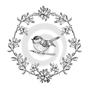 Vector vintage round frame with birds and apple flowers. Floral wreath. Black and white. Fit for wedding card
