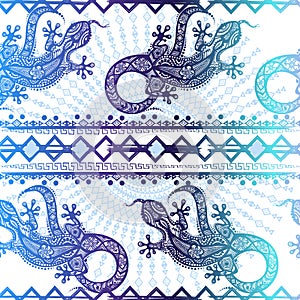 Vector vintage seamless ethnic pattern image lizards and lines