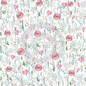 Vector vintage seamless floral pattern. Herbs and wild flowers. Botanical Illustration engraving style. Colorful