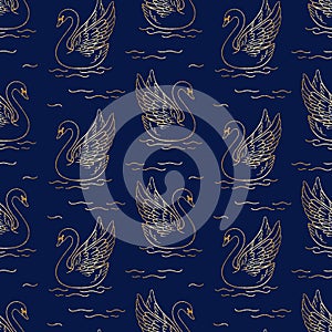 Vector vintage seamless pattern with gold glitter outline swan silhouettes on blue lake background