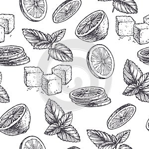 Vector vintage seamless pattern with ingredients for cocktail. Hand drawn color texture with peppermint leaves, green slices of