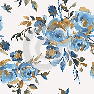 Vector vintage seamless pattern with turquoise roses, wildflowers. Natural blue floral texture on white background