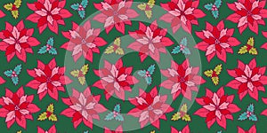 Vector vintage seamless patttern with red poinsettia. Retro seamless Christmas patttern