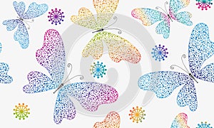 Vector vintage seamless rainbow pattern with gradient butterflies