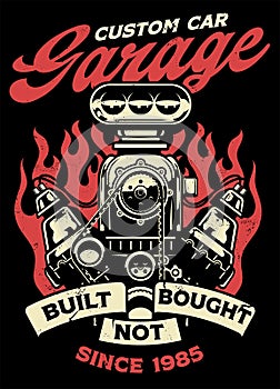 Vintage shirt design of custome car garage with big muscle car engine photo