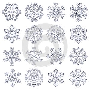 Vector vintage snowflake set in zentangle style. 16 original snow flakes for Christmas, New Year decoration. Hand drawn isolated