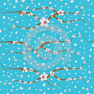 Vector vintage style artwork white cherry blossom and branches seamless pattern on blue background.