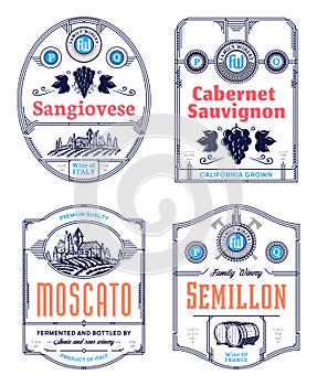 Vector vintage thin line style red and white wine labels