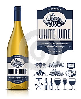 Vector vintage white wine label and wine bottle mockup