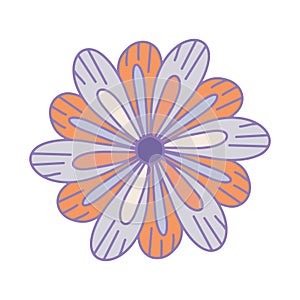 Vector violet flower. Cartoon botanical design element. Funny abstract ornament of plants. Graphic line sketch drawing with color