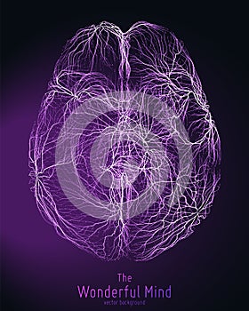 Vector violet illustration of 3d brain top with synapses and glowing neurons. Conceptual image of idea birth or