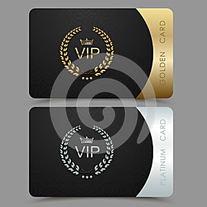 Vector VIP golden and platinum card. Black geometric pattern background with crown laurel wreath. Luxury design for vip member