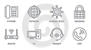 Vector Voice over IP icons. Editable stroke. IP phone router network pc channel setup configuration encoding headset multimedia