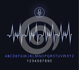 Vector Voice Recognition Illustration, Pulse Wave Glowing Line and Microphone Shining Icon, Neon Blue Font.