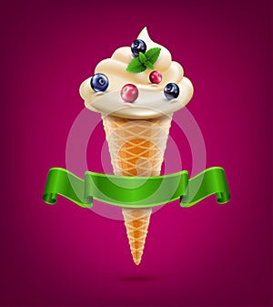 Vector wafer cone with cream (ice cream) with berries and mint