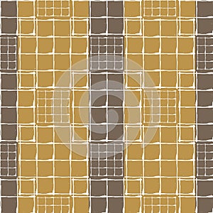 Vector waffle fabric effect seamless pattern background. White cotton fiber grunge netting on striped brown and ochre