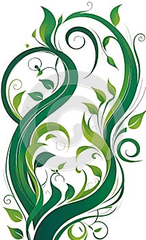 vector wallpaper design of green vines and spiral flames isolated on white background, abstract floral ornament for design,