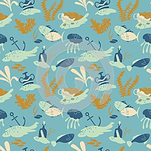 Vector wallpaper with fishers, jellyfishes and old vases with go