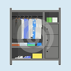 Vector of wardrobe with some clothes hanging inside