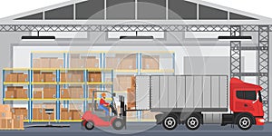 Vector Warehouse interior with workers arranging goods boxes into a truck. Warehouse modern interior wirh cargo truck. photo