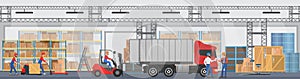 Vector Warehouse interior with workers arranging goods on the shelves and dip boxes into a truck. Warehouse modern