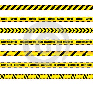 Vector Warn Ribbons Set, Yellow and Black Colored Design Elements, Warning, Caution Signs.