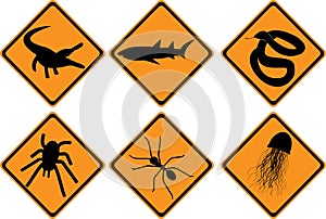 Vector warning road signs with animals and insects