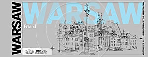 Vector Warsaw, Poland postcard. Castle Square in old center. Historic buildings. Artistic travel sketc. Brutal grey background. photo