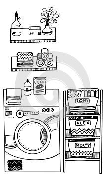 Vector washing machine, rack with clothes and shelfs with things