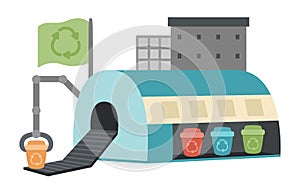 Vector waste recycling plant icon. Garbage sorting factory illustration. Trash recycle illustration. Cute earth day landscape or