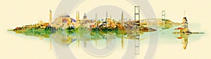 Vector water color illustration panoramic istanbul view