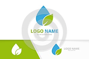 Vector water drop and leaf logo combination. Unique organic water logotype design template.